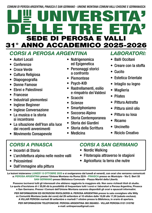 Corsi Unitre dei comuni delle Valli Chisone e Germanasca