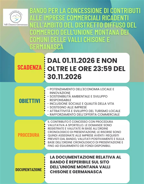 Bando per la concessione di contributi alle imprese commerciali ricadenti nellambito del distretto diffuso del commercio dell'Unione Montana dei Comuni delle Valli Chisone e Germanasca