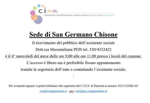 Ricevimento assistente sociale sede di San Germano Chisone
